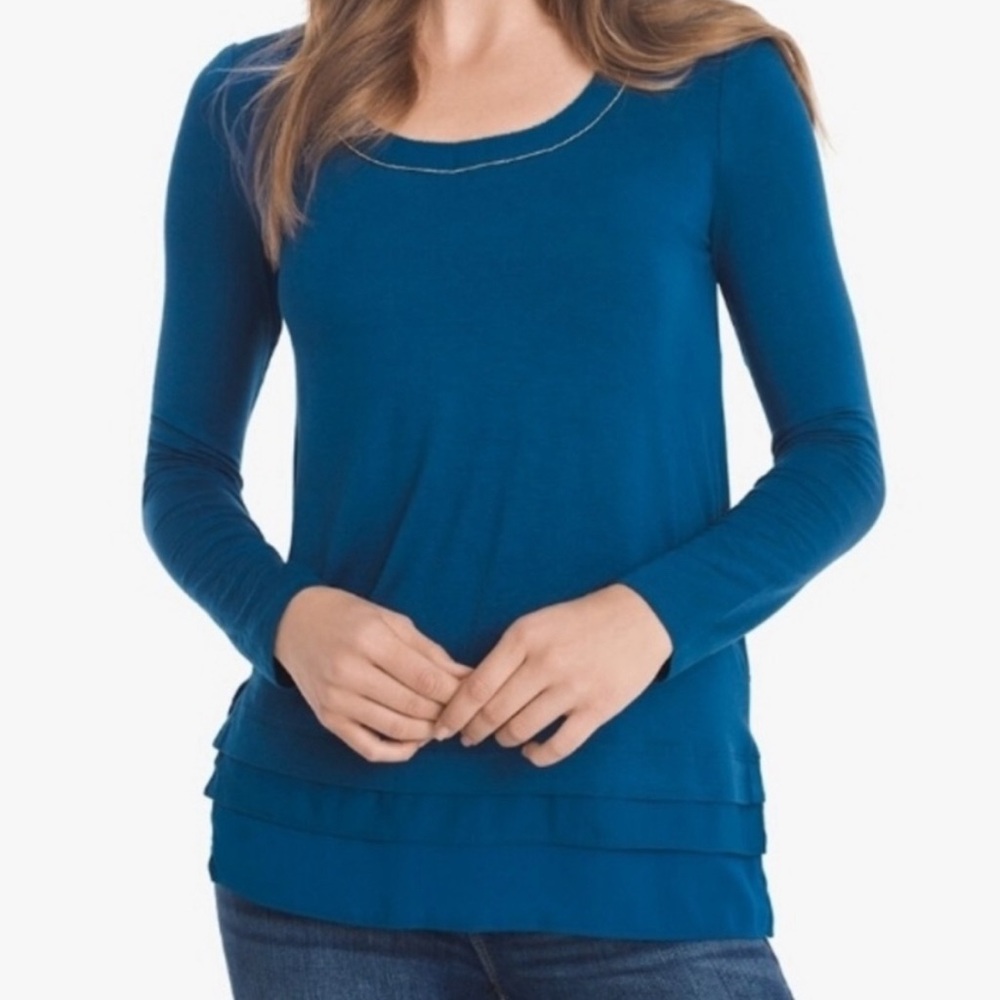White House Black Market Long Sleeve Teal Ball Chain Top with Chiffon Ruffle